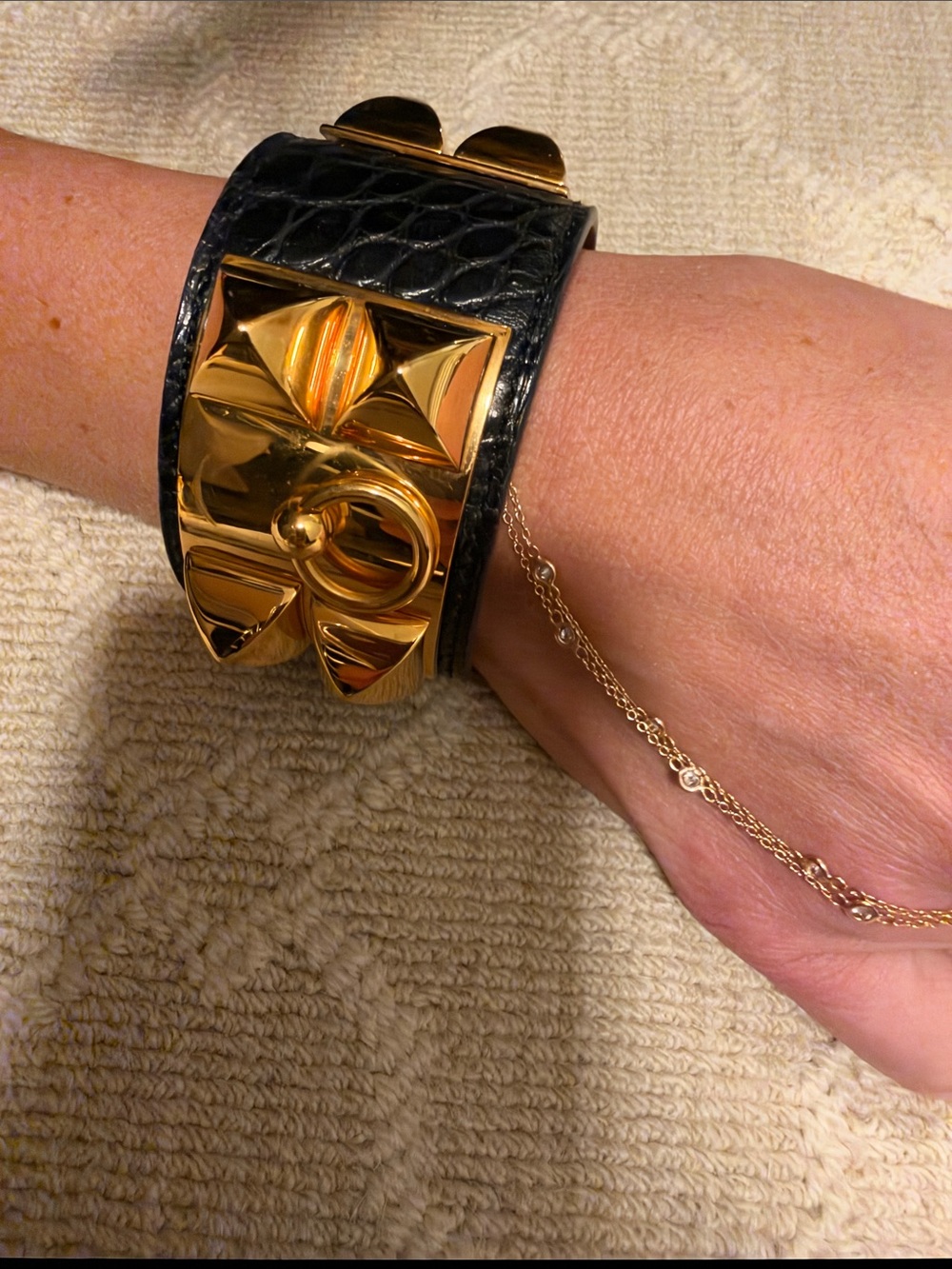 Hermès black Croc Leather and Gold Cuff Bracelet